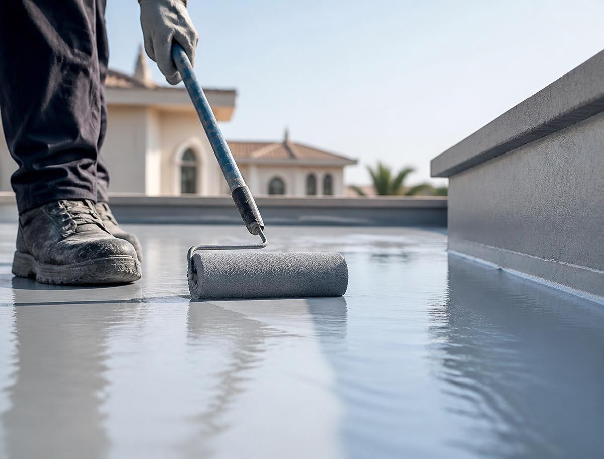 Technician rolling liquid polyurethane waterproofing on a villa roof