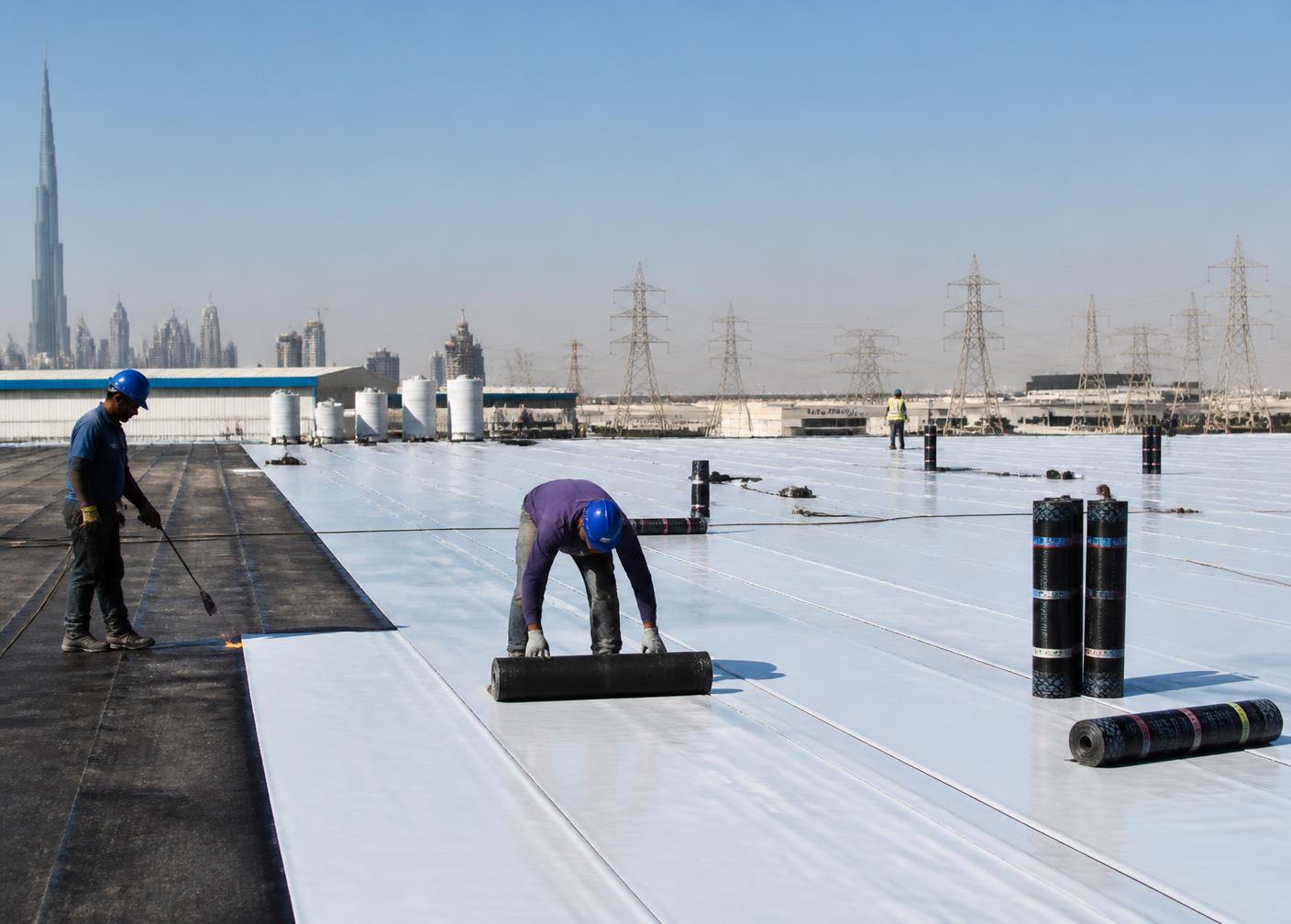 Crew installing waterproofing membrane on a large Dubai warehouse roof